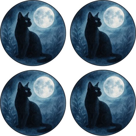 Set de 4 dessous-de-verre chat noir lune (1/2)