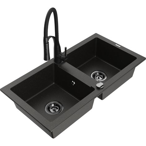 Mexen Mario évier en granit 2 bacs avec robinet de cuisine Aster, noir/doré métallique - 6504-75-73450-70-B (1/5)