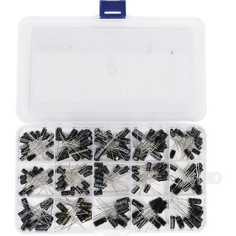 Kit 200 pièces de condensateurs électrolytiques aluminium 15 valeurs, 0.1‑220µF, boîte de rangement assortie