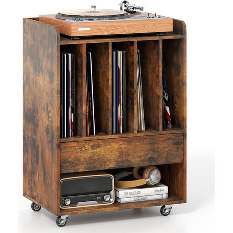 Rolling Turntable Stand with 5 Compartments and Drawer & Open Shelf for Living Room-Rustic Brown (1/5)