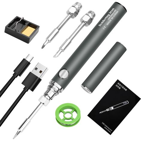 USB-Akku-Lötkolben-Set mit 3 einstellbaren Temperaturen von 330 ℃ bis 450 ℃, 3 Lötspitzen, Lötkolbenhalter, Lötdraht, professioneller und sicherer Lötkolben – Grau