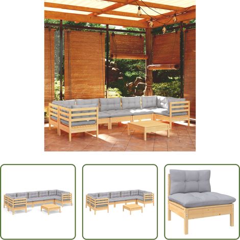 Holzgartenmöbel - 8-tlg. Garten-Lounge-Set mit Grauen Kissen Kiefernholz (1/5)