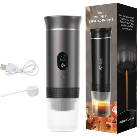 Machine à expresso portable avec auto-chauffage, machine à café 3 en 1 alimentée par batterie rechargeable pour voiture, camping, voyage, compatible avec capsules et poudre de café, gris (1/5)