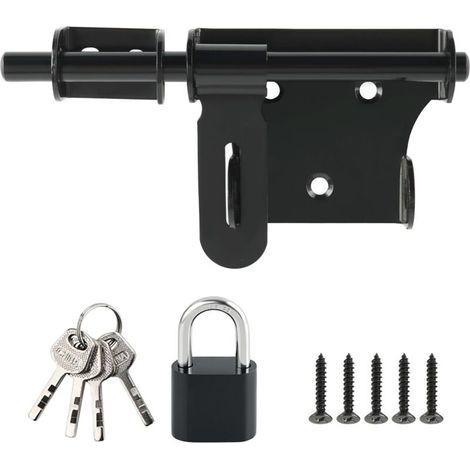 Verrou Porte Exterieur/Interieure avec Cadenas, Loquet Porte Coulissante en Acier Inoxydable pour Fenêtre, Placard et Jardin, Finition Noire Mate, Barre de 150MM, EMS350B-SET (1/5)