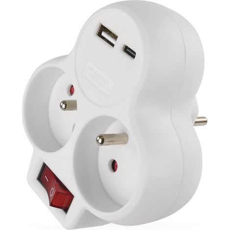 Prise Multiple avec 2 Ports USB et Interrupteur, Double Prise avec Port USB-A et USB-C Max. 3,4 A/17 W - Bouton on/Off - IP20 pour intérieur - Blanc - 250V/16 A/3680 W (1/5)
