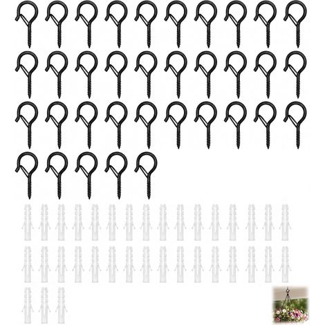 35 Crochets à visser noir avec boucle de sécurité, piton à visser pour suspendre paniers plantes mangeoires oiseaux lanternes guirlandes lumineuses – acier carbone pour intérieur extérieur (1/5)