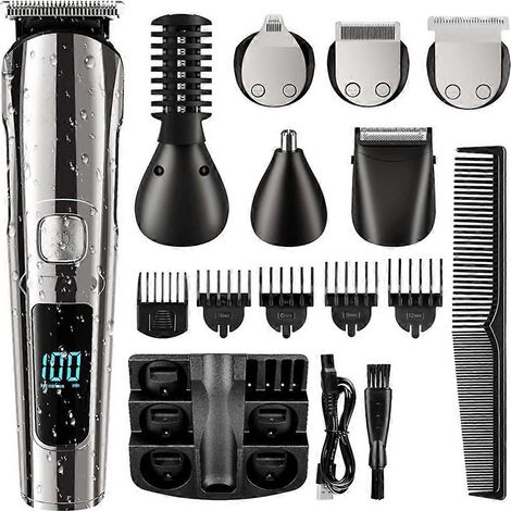 Tondeuse à barbe pour homme sans fil, étanche, pour le corps, le nez et les oreilles, rechargeable par USB avec écran LED. (1/5)