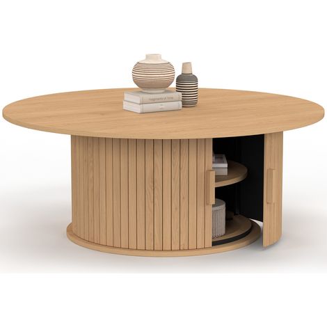 Table basse ronde JULIETTE 100 cm avec rangement lattes tasseau bois coloris chêne (1/5)