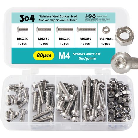 Lot de 80 vis à tête bombée M4 - En acier inoxydable 304 - Boulons mécaniques entièrement enroulés dans une boîte combinée - Longueurs : 20 mm, 30 mm, 40 mm, 50 mm (1/5)