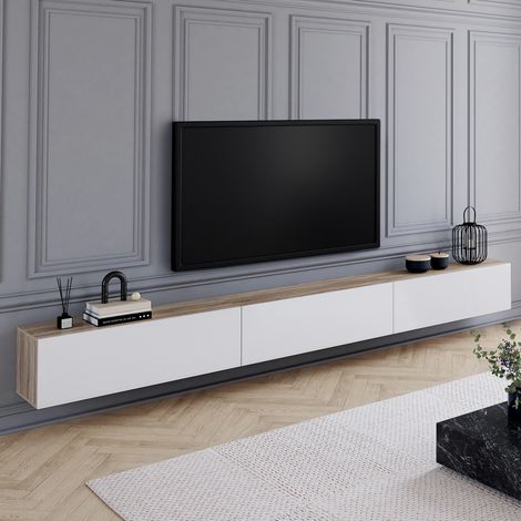 Mueble para televisión suspendido ELIO de 270 cm, con 3 puertas, en madera y blanco