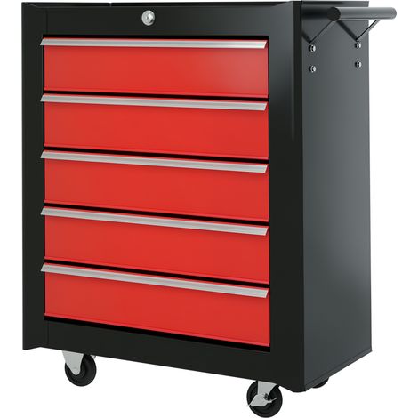 HOMCOM 5-Drawer Tool Chest Steel Lockable Tool Storage Cabinet w/ Wheels Red, Black