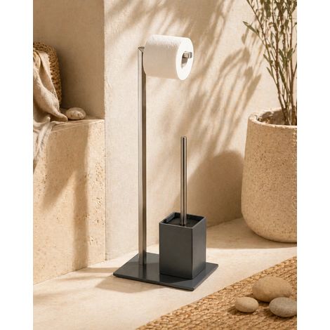 Exagonshop Piantana portarotolo porta scopino grigio con base in