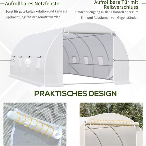 Tunnel de jardin Outsunny 595x300x200 cm, abri de culture pour tomates avec porte et fenêtre, acier galvanisé, tunnel de serre pour végétaux, piquets d'ancrage et cordes fournis, blanc (1/4)
