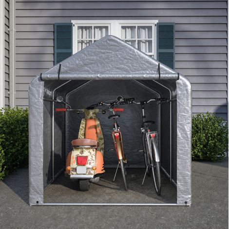 Cobertizo para bicicletas de 160x220x165 cm, refugio exterior con puerta enrollable, estructura de acero y PE gris (1/5)
