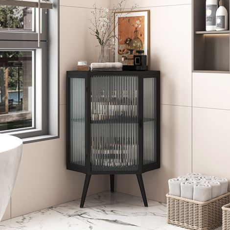 Meuble d’angle 56/42,5/80 cm noir avec verre trempé et 2 étagères (1/5)