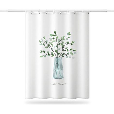 Rideau de Douche anti-moisissure - Imprimé botanique - Imperméable - Anneaux inclus - 180 x 180 cm - Polyester - vert et blanc (1/5)