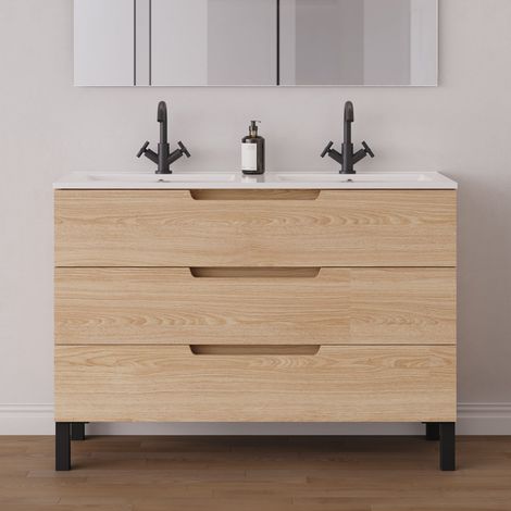 Meuble de salle de bain 120cm double vasque - 3 tiroirs - sans miroir - roble era (chêne clair) - RIZA (1/5)