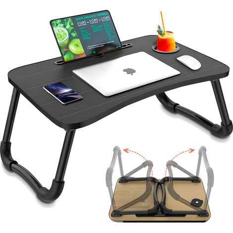 Table Pliante avec Porte-gobelet et Support pour Tablette, 60 x 40 cm, Noir, Peu encombrant, Facile à Transporter, idéale pour Salon, Chambre, espaces détente et Travail Intelligent (1/5)