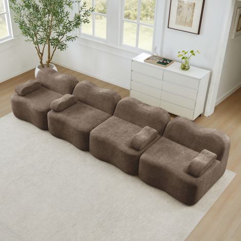 Canapé modulable 4 places sans armature couleur marron, design ondulé en mousse haute densité 32D. Assise profonde et coussins d'accoudoirs mobiles, parfait pour votre salon. (1/5)