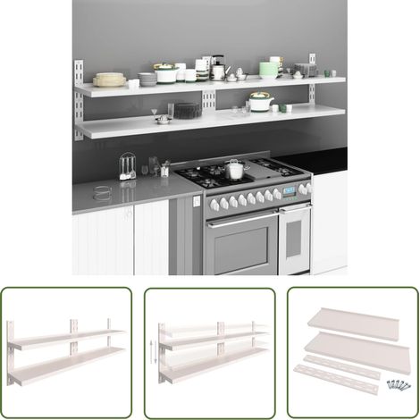 The Living Store Schweberegale mit 2 Böden 2 Stk. Edelstahl 240x30 cm - Wandregal - Edelstahlregal - Küchenschrank - Aufbewahrungssystem - Stauraum (1/5)