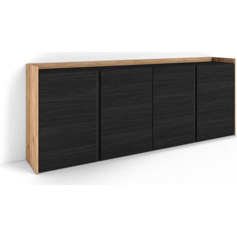 Skraut Home - Credenza, Mobile, Cucina, Madia, mobile ingresso, 207x35x80 cm, 4 Porte, grande stoccaggio, Stile moderno, Nero e rovere (1/5)