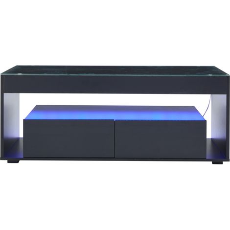 Table basse moderne noire en verre trempé avec LED, 2 tiroirs spacieux, 100 x 50 x 40 cm (1/5)