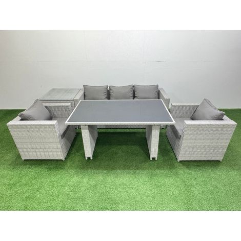 Fimous Patio Garden Furniture Sets with Black Glass Top Dining Table Armchair 3 Seater Sofa Side Table Light Grey (1/4)