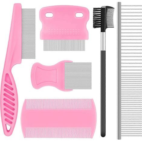 Lot de 6 peignes anti-puces pour chiens et chats, peigne fin à dents larges en acier inoxydable, outil pour retirer les tiques, dissolvant les taches lacrymales, brosse démêlante (1/5)