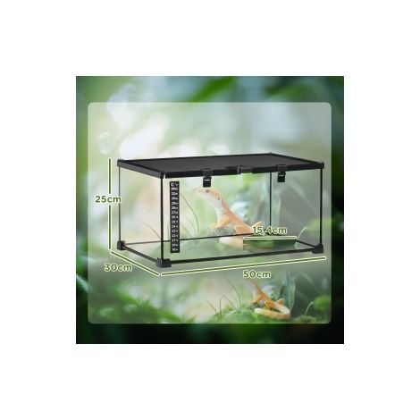 Terrarium en verre transparent pour reptiles avec thermomètre et boîte d alimentation, 50 x 30 x 25 cm, pour élevage (1/5)