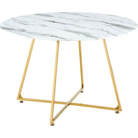 Table à Manger Ronde Verre Marbré Blanc & Pied Gold – 120×120×75 cm – HELOISE (1/4)
