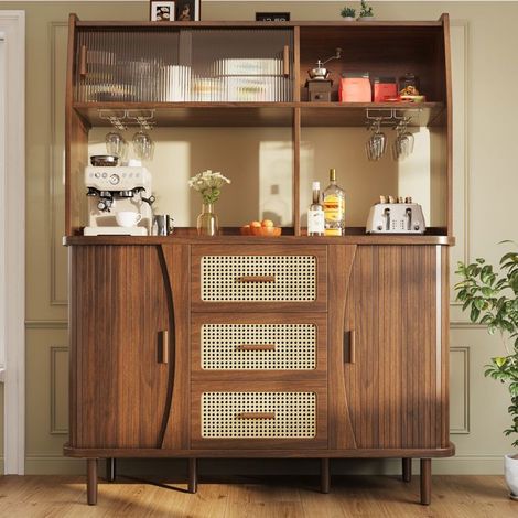 Buffet de Cuisine à portes coulissantes en verre rangement intérieur aspect rotin bois naturel et noyer charge maximale 60 kg (1/5)