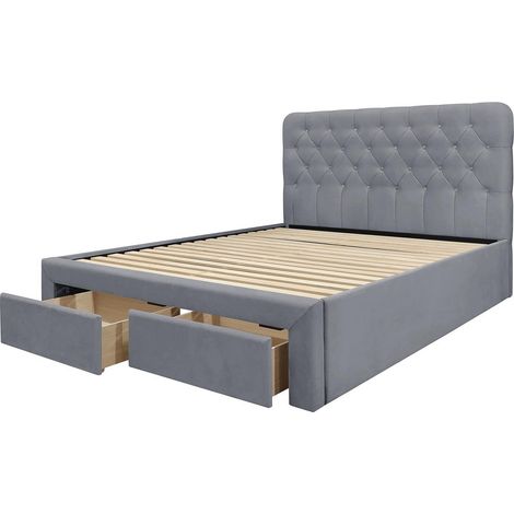 Lit en velours gris 160 x 200 avec tête de lit capitonnée et tiroirs Freesia (1/3)
