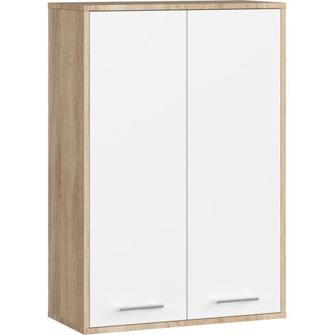Akord – Armoire salle de bains suspendue – 2 portes battantes – Chêne Sonoma et blanc – 4 étagères – Dimensions 64x30x94 cm (1/5)