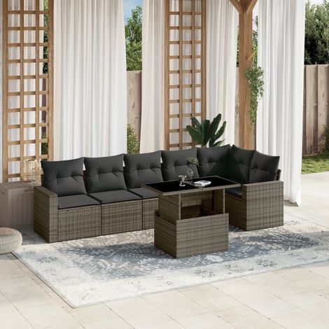 Ensemble Salon de Jardin Modulable 7 Pièces Gris Résine Tressée - Table Réglable Basse/Dinette, Coussins Épais, Livraison 1 Canapé d'Angle + 2 Accoudoirs + 3 Sièges + 1 Table (1/5)