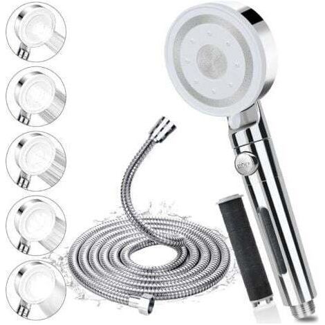 Pommeau de Douche avec Tuyau 2m, Pommeau de Douche Haute Pression avec 5 Modes de Jet, Pommeau Douche Economie Deau avec Arret, Douchette Douche Filtrant Anti Calcaire Salle de Bain,Facile à Installer (1/5)