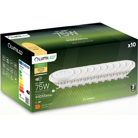 10 bombillas LED G53 reflectoras AR111 10W = 75W 1055lm 3000K blanco cálido 38° 12V LUMILED