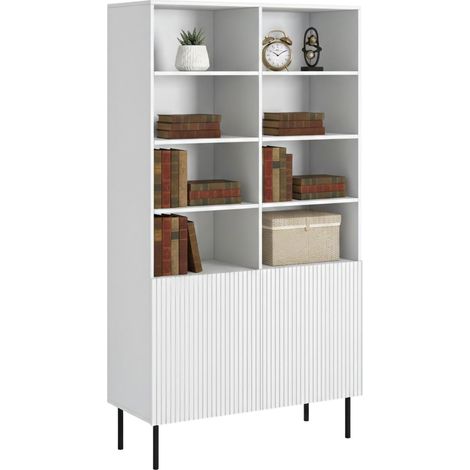 Libreria Ghilarza, Mobile portalibri con vani aperti e due ante, Rialzato da terra, 100x42 h177 cm, Bianco