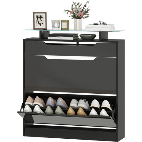 Schwarzer Schuhschrank 89x23x96cm, 2 Klappschubladen, 1 Auszugsschublade, 1 Arbeitsfläche
