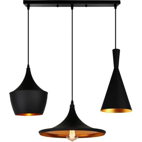 U-DO Lustre Vintage Longue Pôle 3 Têtes Suspension Luminaire en Aluminium Noir pour Chambre Restaurant (1/4)