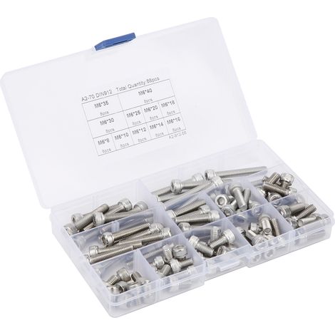 Lot de 88 vis à tête cylindrique creuse M6 en acier inoxydable 304, assortiment multi-longueurs pour écrous, kit de boulons combinés. (1/5)