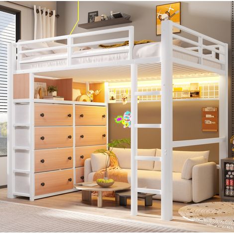 Letto a soppalco 140x200 cm con 8 cassetti, LED, mensole e pannello forato HAVRYA (1/5)