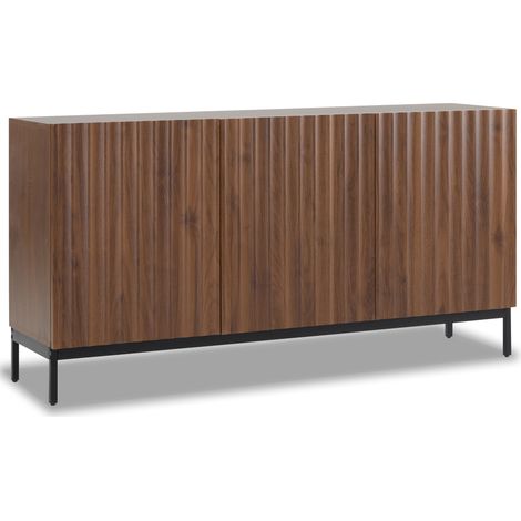 CAIziBuffet 150x40x80 cm en chêne foncé à veinage marqué, meuble déco Mid-Century Modern, 3 portes, design 3D ondulé, étagères réglables, anti-basculement, rangement élégant pour salon, salle à manger (1/5)