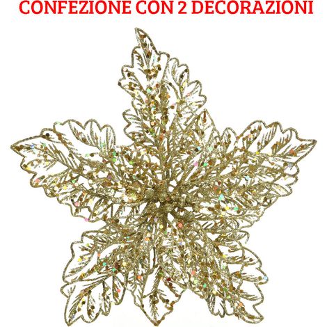 2 POINSETTIA APPENDIBILI CON CLIPS 23.5X10 CM CON GLITTER ORO