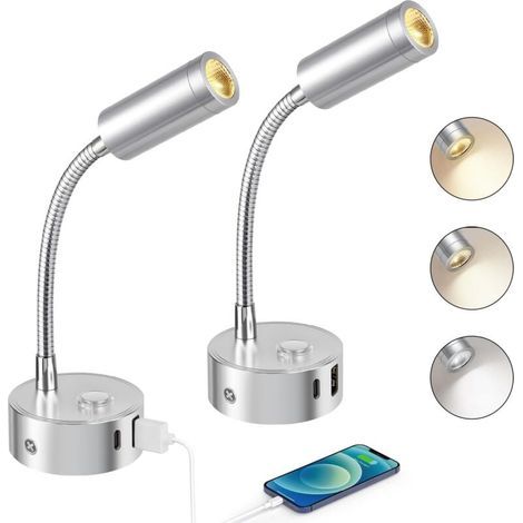 2pcs Lampes de lecture LED 12V pour camping-car, luminosité réglable par toucher 3000K-6000K, col de cygne flexible à 360° avec prises USB A+C pour bateau et caravane, argenté (1/5)
