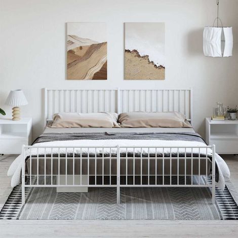 Cadre de lit métal sans matelas et pied de lit blanc 193x203 cm (1/5)