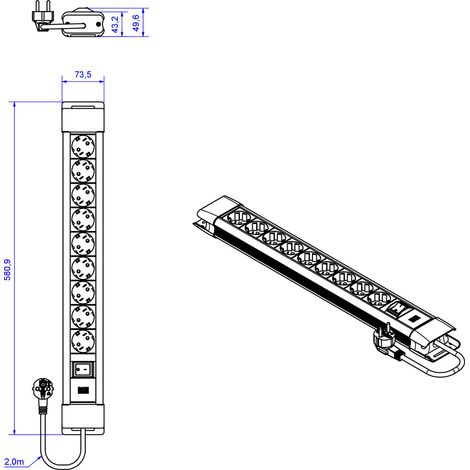 BACHMANN CONNECTUS 9xCEE7/3 1xSchalter 2,0m CEE7/7 Grau, BM005902