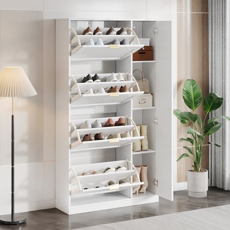Meuble à chaussures moderne avec miroir, 4 compartiments de rangement rabattables, étagère réglable derrière le miroir de droite, idéal pour l'entrée, blanc, dimensions : L 80 cm / H 147 cm / P 24 cm