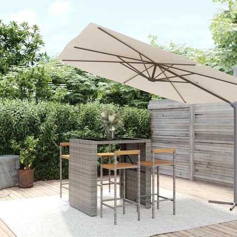 Ensemble Table de bar + 4 Chaises de bar de jardin - Table Haute avec 4 Tabourets gris poly rotin/bois massif acacia BV449341 - BonneVie (1/5)