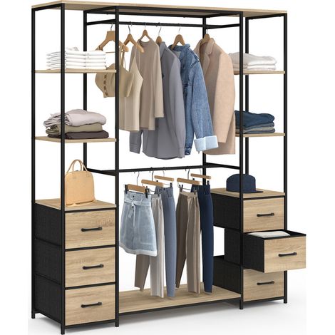 Idmarket – Dressing double penderie 140 cm – 2 barres de penderie métal – 6 étagères et 6 tiroirs en tissu bois noir – Style industriel