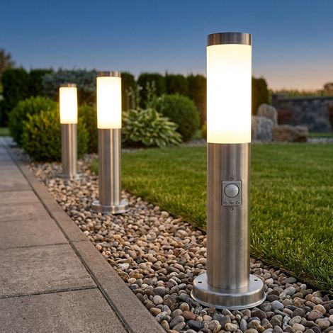 Sockelleuchte E27 Stehlampe Garten Außenleuchte Bewegungsmelder, Edelstahl, 1x Stehleuchte mit Sensor 2x Sockelleuchte, 1x E27 Fassung, DxH 7,6x45cm, 3er Set